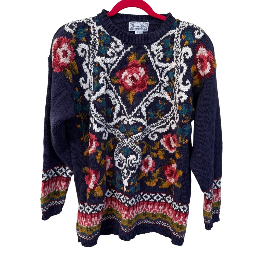VTG Reference Point Floral Sweater Sz L Cottagecore Fair Isle Coastal Grandma